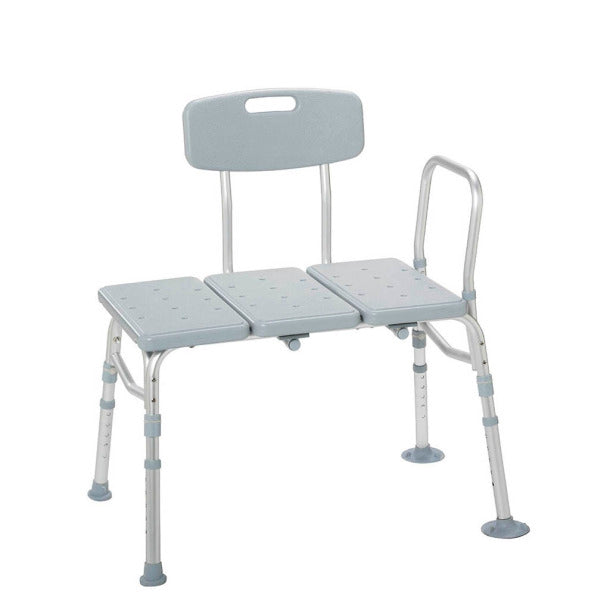 Gray adjustable bath bench with backrest and armrests on a white background