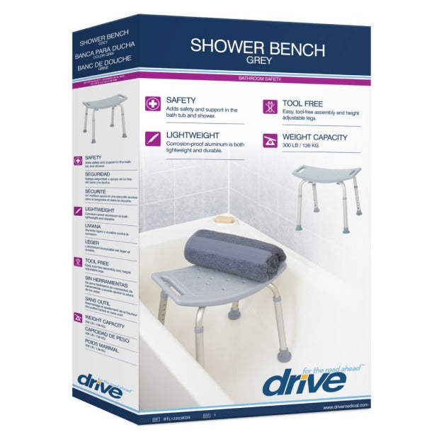 Boxed shower bench with safety features highlighted on a white background