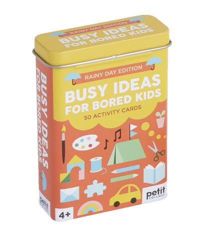 Yellow tin box with 'Busy Ideas for Bored Kids' on a white background