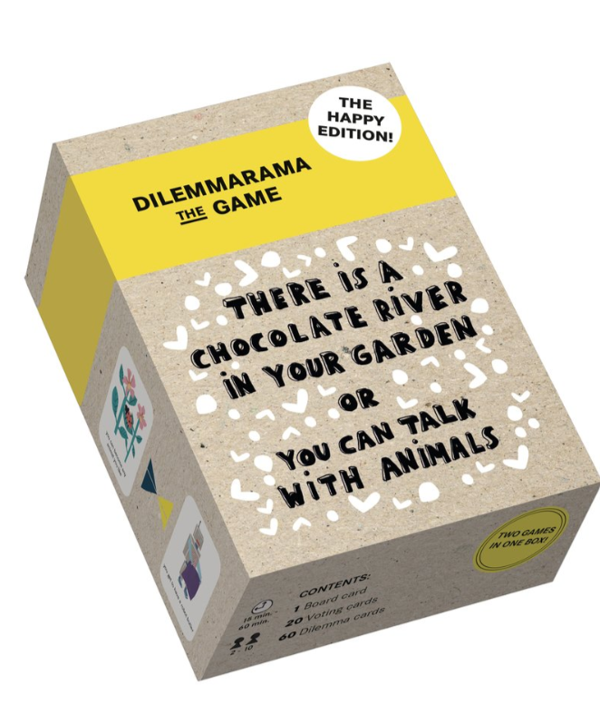 Board game box titled 'Dilemmarama' with text on a white background