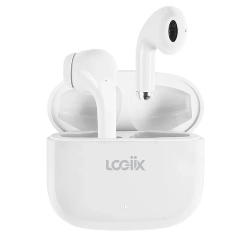 White wireless earbuds with charging case on a white background, featuring the Loceix brand.