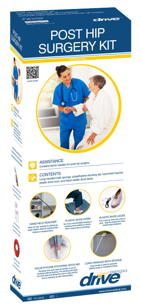 Box of a post hip surgery kit with medical imagery and text.