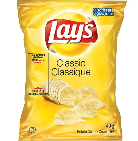 Yellow bag of Lay's Classic potato chips with brand logo and product details.