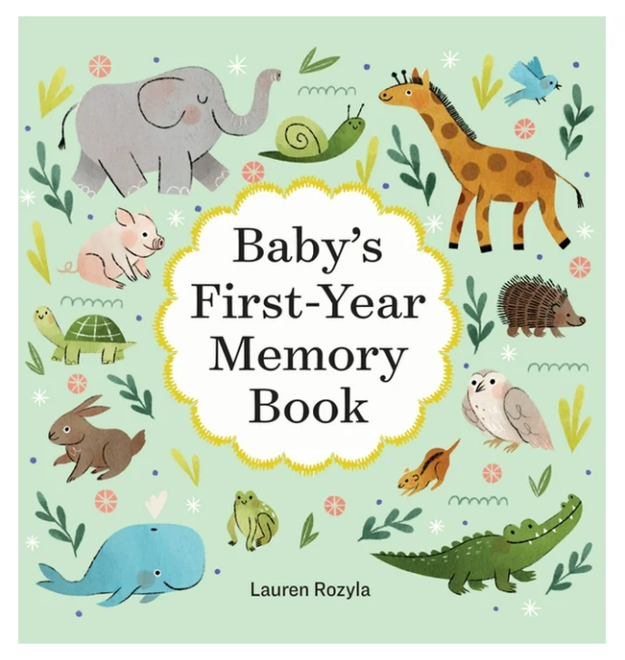 Book cover of 'Baby's First-Year Memory Book' with illustrations of animals on a light green background.