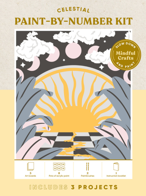 Celestial paint-by-number kit packaging with artistic design and brand name on a beige background