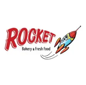 Logo of Rocket Bakery & Fresh Food with a rocket ship on a white background