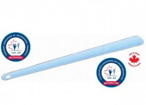 Light blue shoe horn with two certification logos on a white background