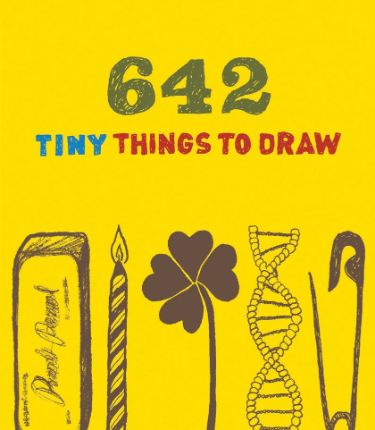 Book cover of '642 Tiny Things to Draw' with illustrations on a yellow background