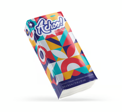 Colorful packaging of Achoo tissues with geometric patterns on a white background