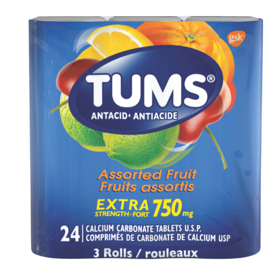 TUMS antacid package with assorted fruit flavor on a blue background