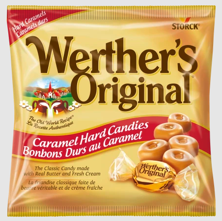 Werther's Original caramel hard candies packaging with brand name and product details.