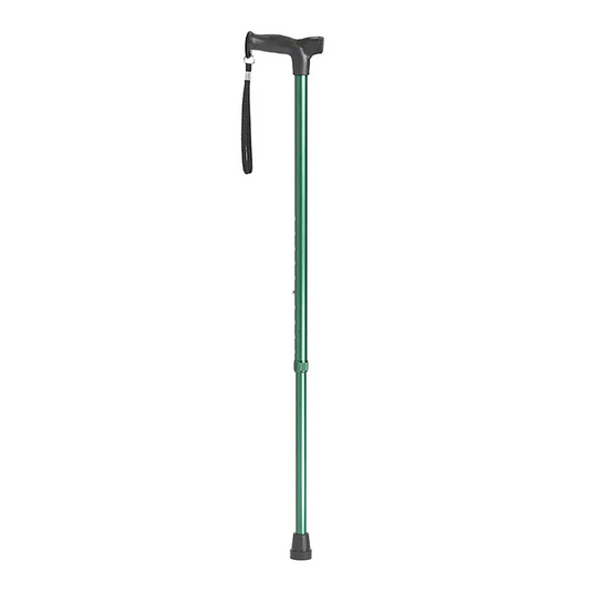 Green walking cane with black handle on a white background