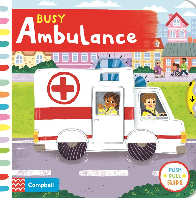 Children's book cover titled 'Busy Ambulance' with an illustration of an ambulance and characters on a colorful background.
