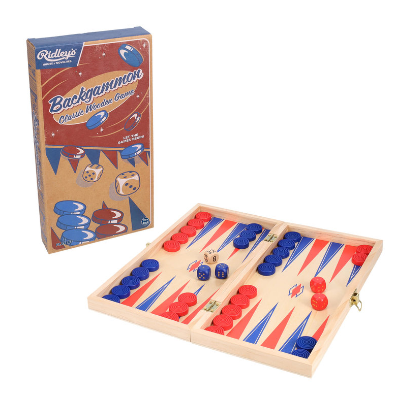 Backgammon game set with pieces and dice next to its packaging on a white background