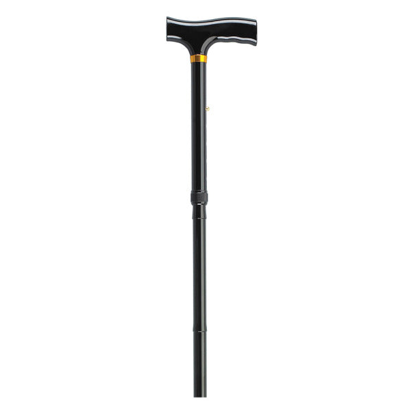 Black walking cane with gold accent on a white background