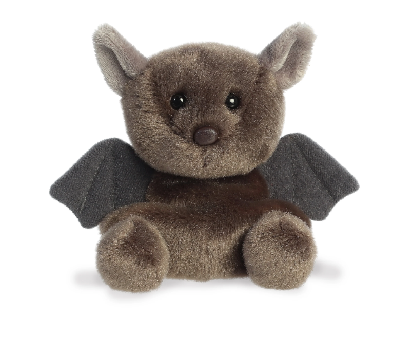 Plush toy bat with brown fur and gray wings on a white background