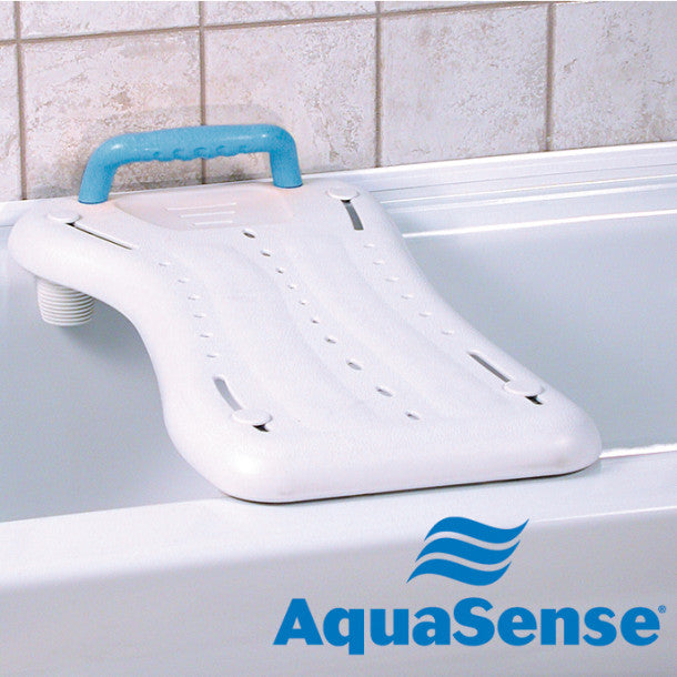 White bathtub seat with blue handle on a bathtub, featuring the AquaSense brand logo.
