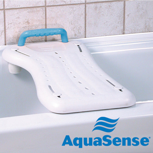 White bathtub seat with blue handle on a bathtub, featuring the AquaSense brand logo.