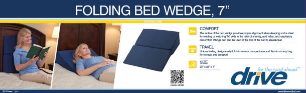 Advertisement for a folding bed wedge with images of a woman using it and product details.