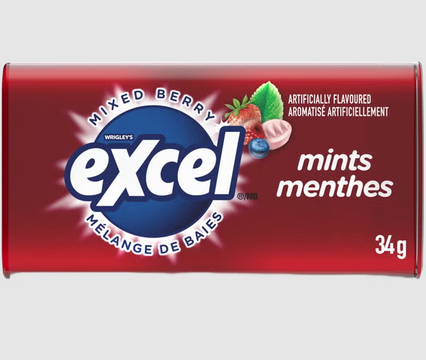 Red packaging of Excel mixed berry mints with Wrigley's logo on a gray background
