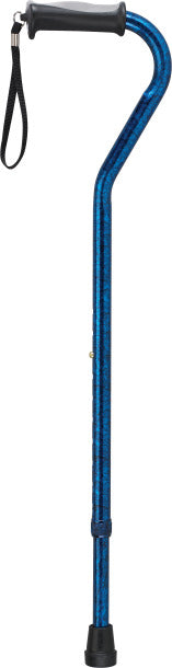 Blue walking cane with black handle on a white background
