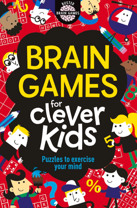 Book cover of 'Brain Games for Clever Kids' with colorful illustrations and text on a red background.