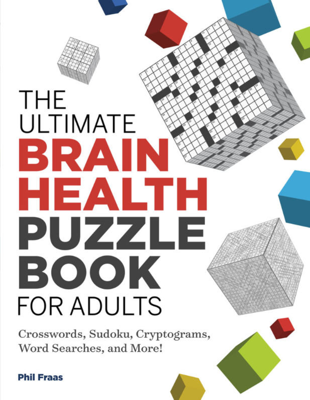 Book cover of 'The Ultimate Brain Health Puzzle Book for Adults' with puzzle pieces and crossword design.