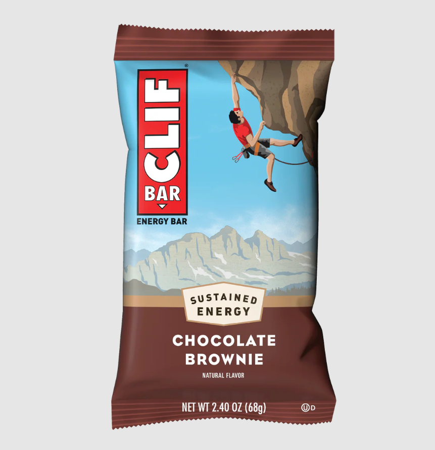 Clif Bar chocolate brownie energy bar packaging on a light gray background