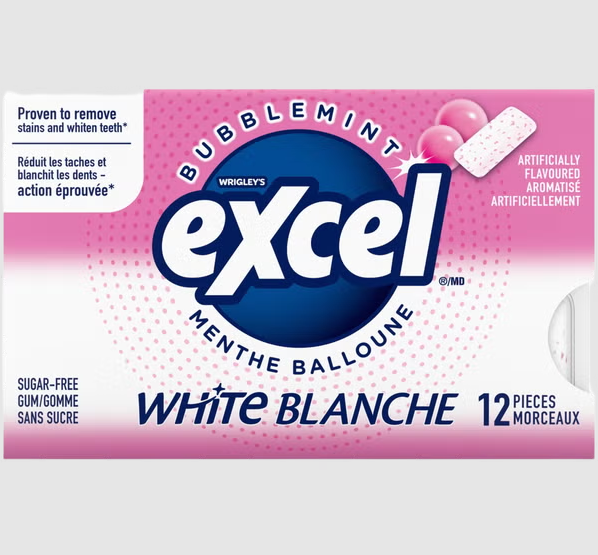 Excel bubble gum packaging with pink and blue design