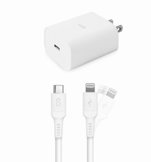 White charging adapter and cables on a white background