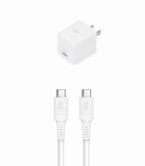 White power adapter and USB-C cable on a white background