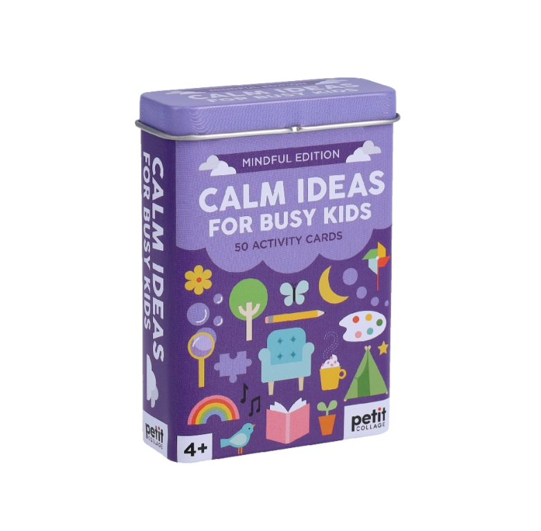 Purple box of 'Calm Ideas for Busy Kids' activity cards on a white background