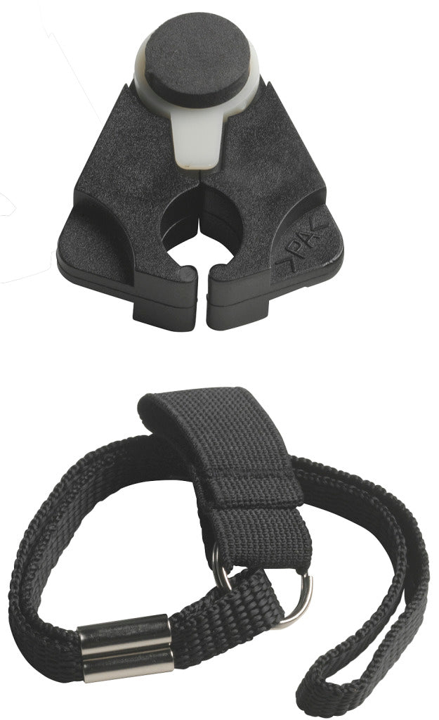 Black plastic clip with a white component and black strap with metal clip on a white background