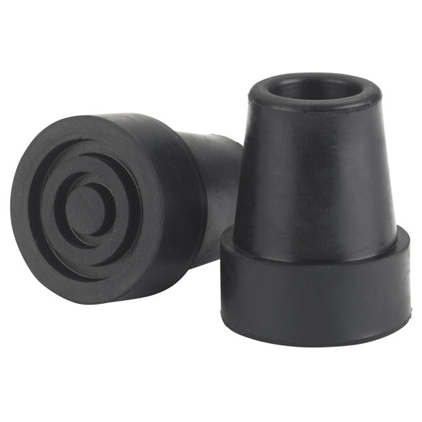 Two black rubber cane tips on a white background