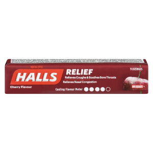 Halls Relief cherry flavor lozenge box on a white background