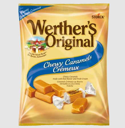 Werther's Original Chewy Caramels Cremeux packaging on a gray background