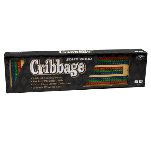 Cribbage board game packaging with wooden pegs and text on a white background