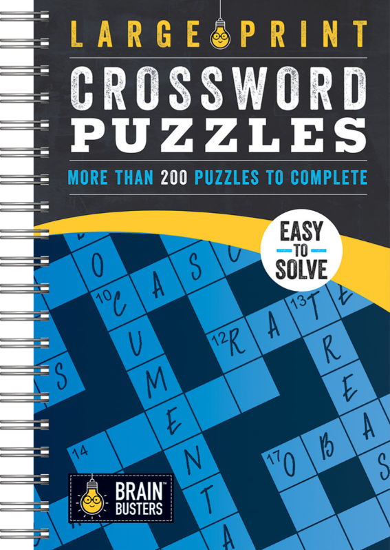 Crossword puzzle book with large print and blue crossword grid design on a black background.