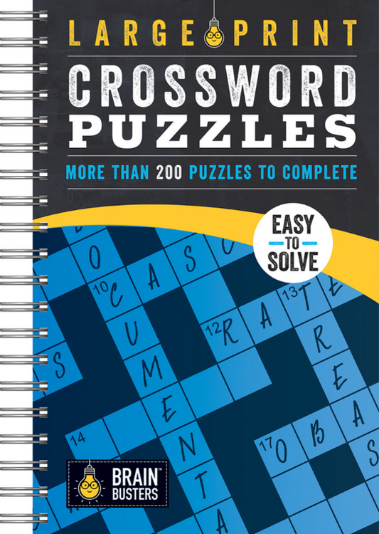 Crossword puzzle book with large print and blue crossword grid design on a black background.