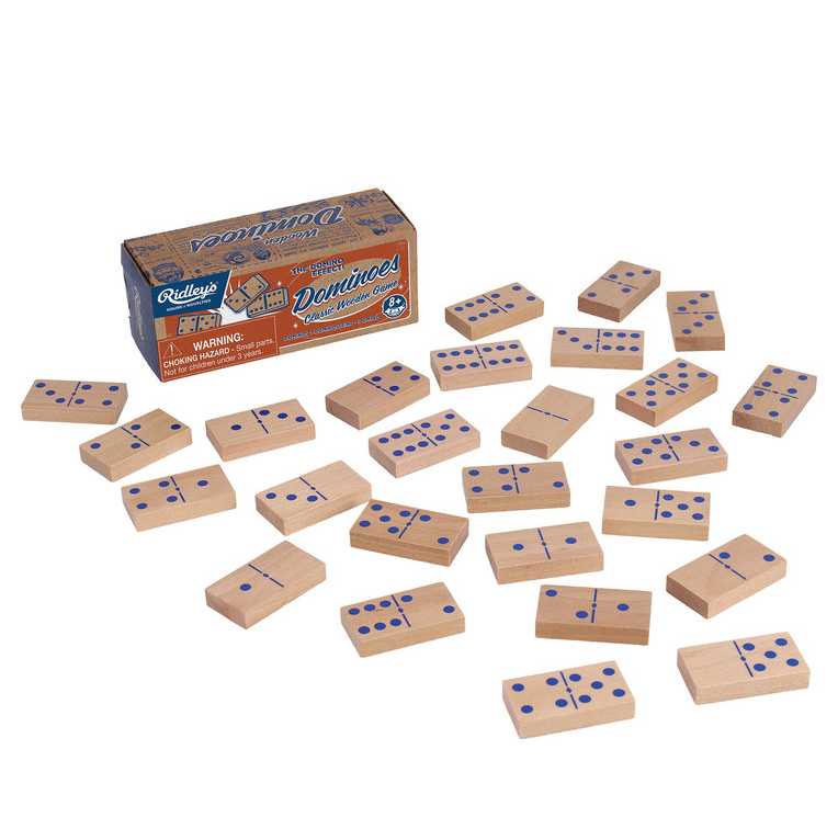 Wooden dominoes set with packaging on a white background