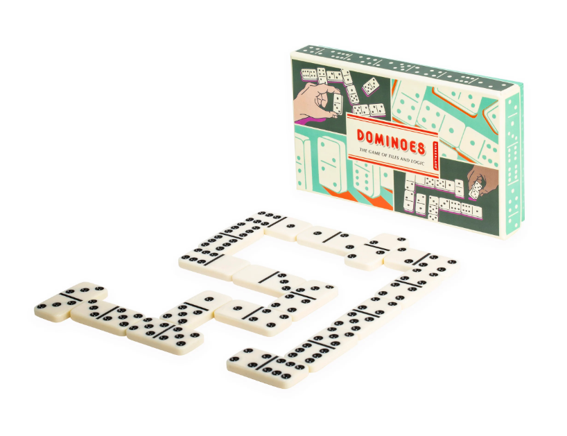 Dominoes set with pieces and packaging on a white background
