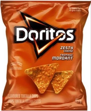 Doritos tortilla chips packaging with orange and black design