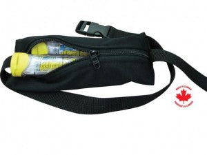 Black waist bag with a strap featuring a Canadian flag logo on a white background