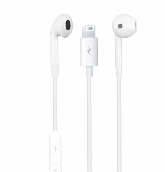White earbuds with Lightning connector on a white background