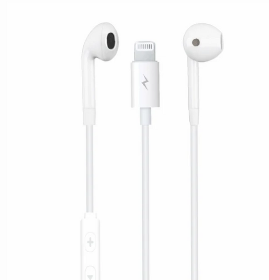 White earbuds with Lightning connector on a white background