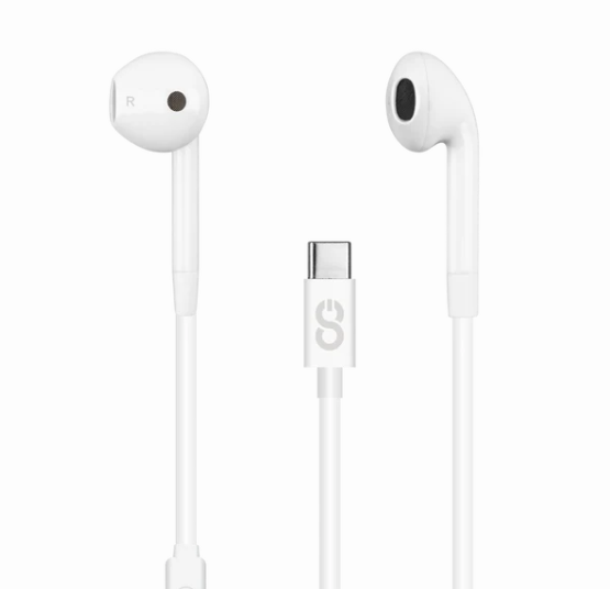 White earbuds with a Type-C connector on a white background