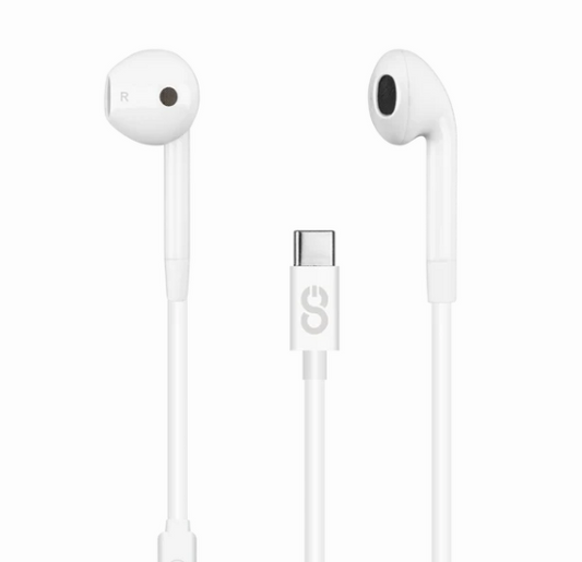White earbuds with a Type-C connector on a white background