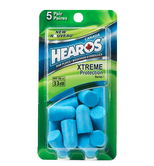 Pack of Hearos ear plugs with blue earplugs and green packaging on a white background