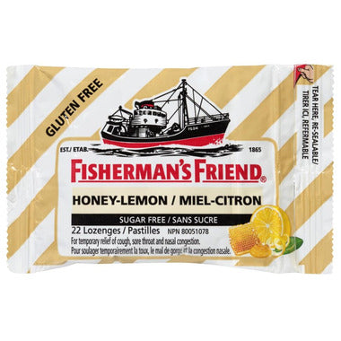 Fisherman's Friend Honey-Lemon lozenge package with a ship illustration on a white background