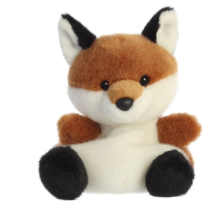 Plush toy fox with brown, white, and black fur on a white background